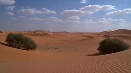Fototapeta premium A vast, serene desert landscape, rolling dunes under an expansive sky, with two green bushes adding life to the scene.