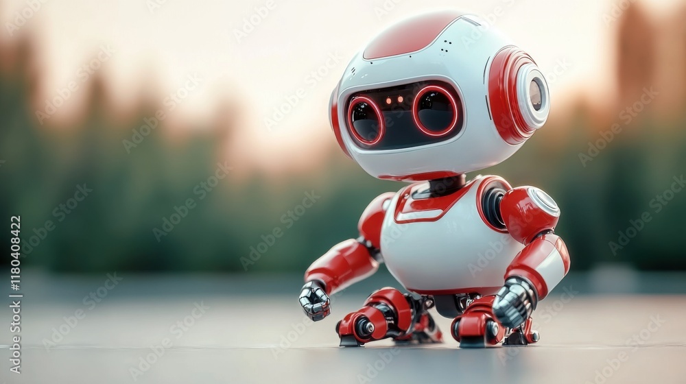 Poster cute and friendly robot with red and white design, standing on table with soft background of nature