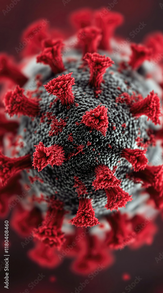 Poster microscopic view of virus detail of structure red spikes and dark core