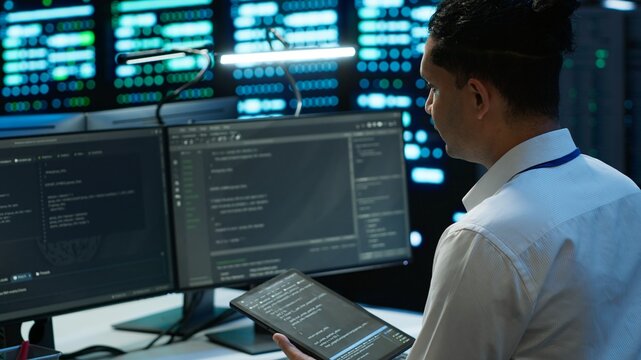 System administrator in data center installing software on computer, troubleshooting issues using tablet. IT staff member in server hub establishing performance benchmarks, camera A