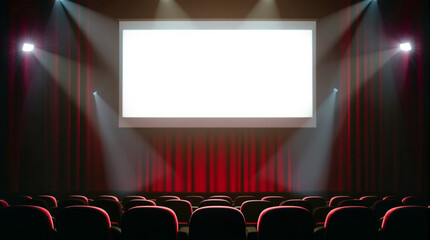 Empty movie theater with large blank screen ready for film premiere presentation