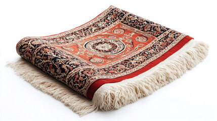 Rolled oriental rug with intricate pattern and fringed edges isolated on white background.