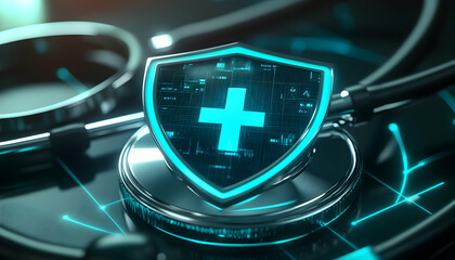 A digital shield with a medical cross symbol sits on a stethoscope, representing the importance of protecting patient data and ensuring secure healthcare practices.