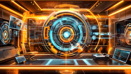 Fototapeta premium Futuristic control room with interactive displays.