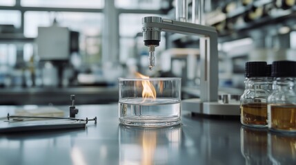 In a modern lab, a flame emerges from a glass dish, hinting at scientific experimentation and discovery.