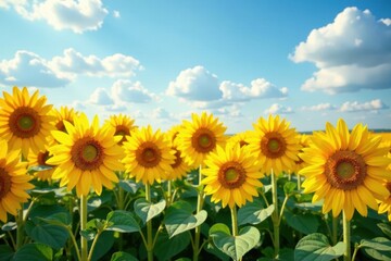 Obraz premium Vast field of vibrant sunflowers in full bloom, bright yellow, farm