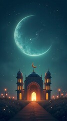 Naklejka premium Islamic Greeting Eid Mubarak Cards For Muslim Holidays.Eid-Ul-Adha Festival Celebration . Ramadan Kareem Background.Crescent Moon And Lantern Lightning In Sky