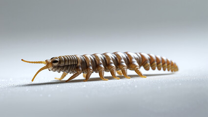 Close-up of a millipede crawling on a white surface.
