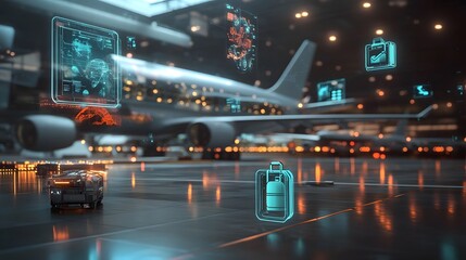 Futuristic High Tech Airport with Floating Holograms and Digital Interfaces