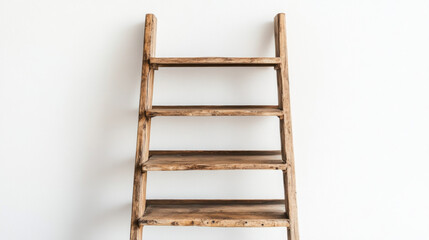 Rustic wooden ladder shelf against white wall.