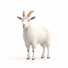 Obraz premium A cute white Kiko goat standing confidently, showcasing its fluffy fur and distinct horns in a clean, minimalistic environment.