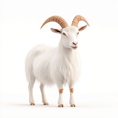 Fototapeta premium A cute white Cashmere goat with impressive horns, standing confidently in a bright, neutral space, showcasing its fluffy fur and playful expression.