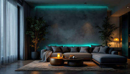 Cozy modern living room night with a large sectional sofa, a coffee table, and a green wall with a blue light strip.