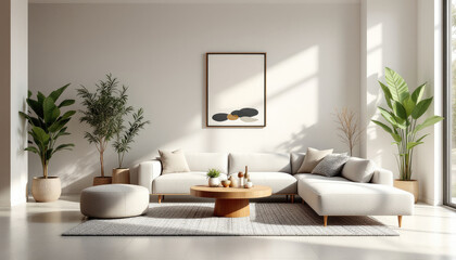 Modern japandi living room with a large white sectional sofa, a wooden coffee table, and several potted plants.