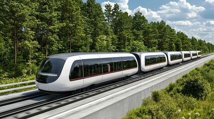Naklejka premium Futuristic train glides through forest landscape.