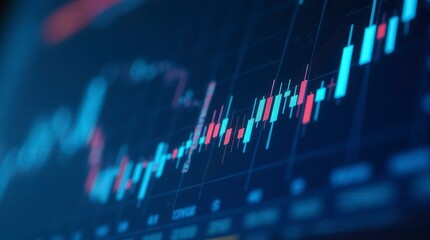 Macro Close-Up Of A Stock Market Investment Trading Chart Displayed In Blue, Analyzing Data With Candlestick Graphs