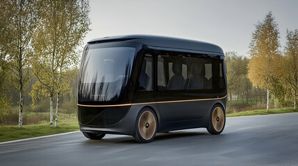 Fototapeta premium Autonomous electric shuttle on paved road, autumnal trees in background.
