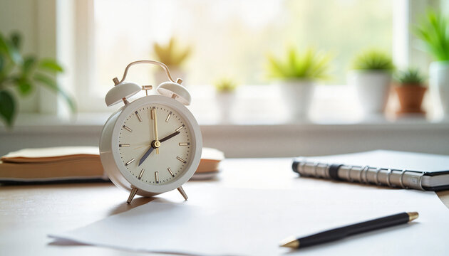 Alarm clock on desk with books and plants