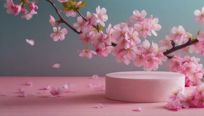 A top view 3D render of a pink podium display with sakura pink flowers falling, designed for cosmetic or beauty product promotions. The floral, pastel pedestal is presented in a flat lay