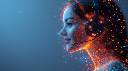 An online virtual assistant chatbot acts as a female AI agent, providing customer service support as an AGI powered agentic representative assistant in the future of singularity and robot autonomy