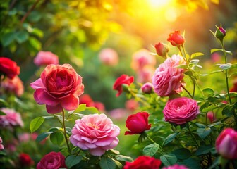 Serene Garden: Blooming Roses and Summer Delights - Stock Photo