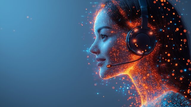 An online virtual assistant chatbot acts as a female AI agent, providing customer service support as an AGI powered agentic representative assistant in the future of singularity and robot autonomy