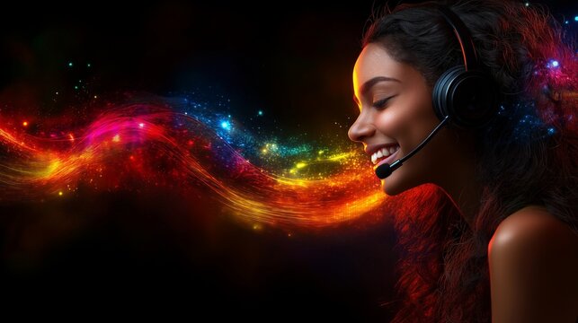 A woman wearing a modern headset with vibrant flowing digital energy emanating from her voice, symbolizing communication, technology, transformation, and connection in the digital world