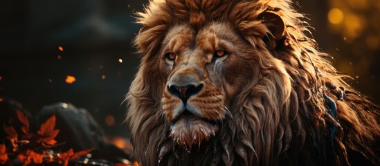 Fototapeta premium Majestic Lion with Vibrant Mane in Autumn Leaves Setting