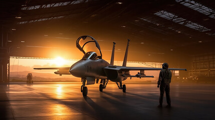 military fighter jet pilot beside parked military air force plane Generative AI