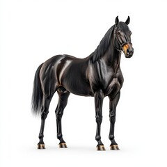 A majestic black Dutch Warmblood horse poses elegantly, showcasing its strong physique and shiny coat, embodying grace and beauty in motion.