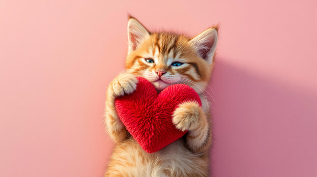 Un adorable chaton c&acirc;line une peluche en c&oelig;ur, ses pattes la serrant tendrement.