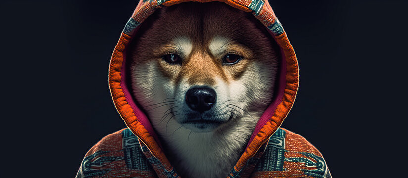 Shiba Inu Dog in Colorful Hoodie with Mysterious Expression