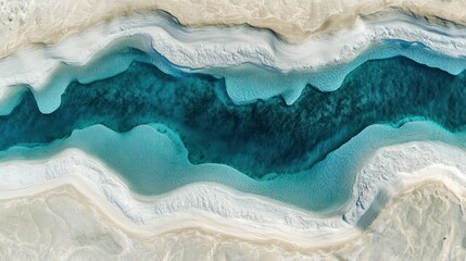 Fototapeta premium Aerial view turquoise river desert landscape, geological formations, background texture, design