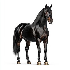 Obraz premium A majestic black Lusitano horse stands gracefully, showcasing its strong physique and glossy coat, representing beauty and elegance in nature.