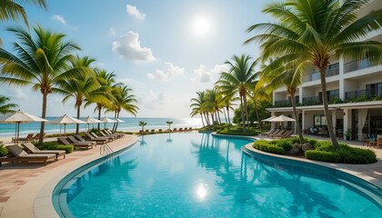 Tropical resort pool with palm trees and a sunny beach view for relaxing vacation vibes
