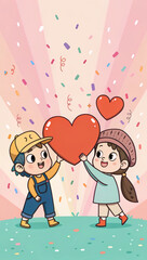 Fototapeta premium valentine's day, Two characters drawn in cartoon style holding giant hearts, background, AI generated