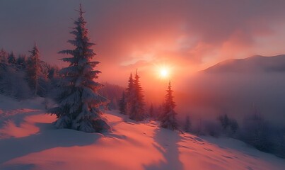 Stunning View of Snow-Laden Fir Trees in the Carpathian Mountains at First Light