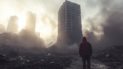 A solitary figure stands amidst the haunting ruins of a devastated urban landscape, enveloped in smoke, capturing the profound aftermath of disaster.