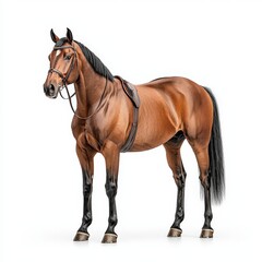 Fototapeta premium A majestic brown Trakehner horse standing gracefully, showcasing its strength and elegance, perfect for equine enthusiasts and animal lovers.