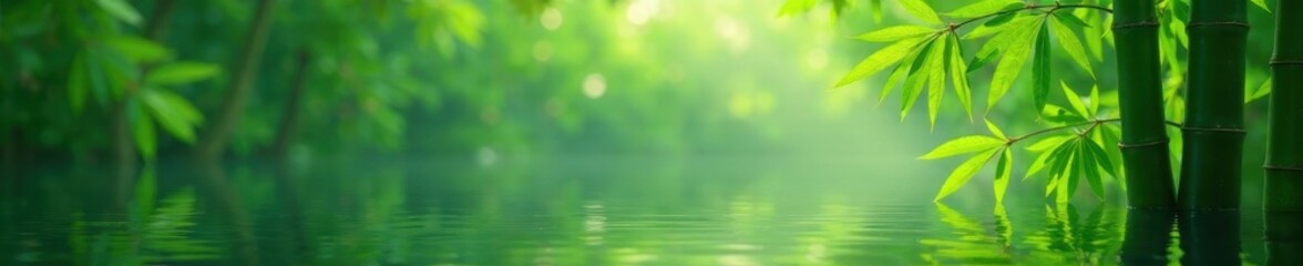 Obraz premium Bamboo leaves unfolding over calm lake waters, serenity, bamboo, unfolding