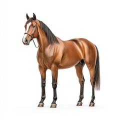 Obraz premium A majestic brown Cleveland Bay horse standing gracefully on a white background, showcasing its muscular build and elegant appearance.