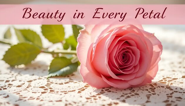 Elegant pink rose with a soothing quote “Beauty in Every Petal” on a delicate lace background