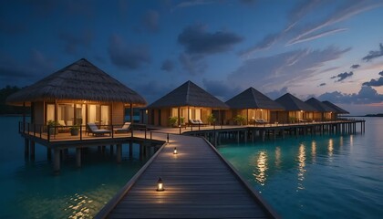 Obraz premium Luxury overwater bungalows at twilight with scenic pathway and ocean view