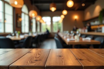 Clean polished wood table, softly blurred restaurant backdrop, photo, background, blur