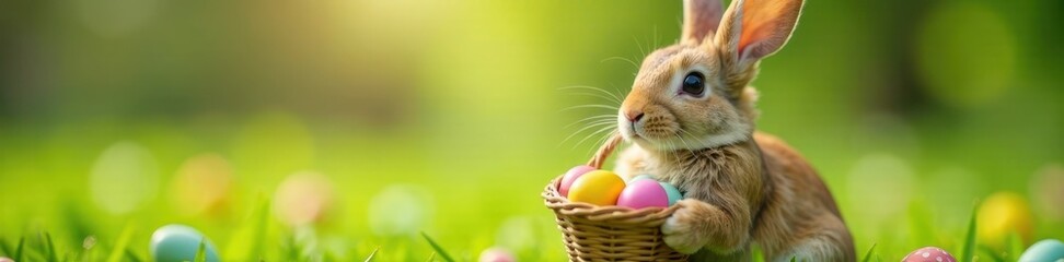 Obraz premium Close-up of an Easter bunny holding a basket filled with colorful eggs in a lush green meadow, eggs, grass