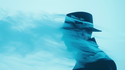 A striking portrait of a male detective in a hat, enhanced with double exposure for a thrilling movie or novel.