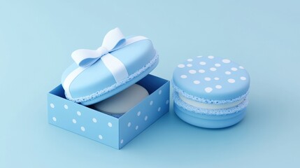 Pastel blue macarons; one in a gift box with a white bow, one beside it.