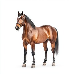 Obraz premium A majestic brown Cleveland Bay horse stands confidently, showcasing its powerful physique and beautiful mane against a plain background.