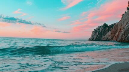 Experience a breathtaking coastal view with sharp cliffs, roaring waves, and a fiery sunset, all on a sleek, minimalist backdrop.