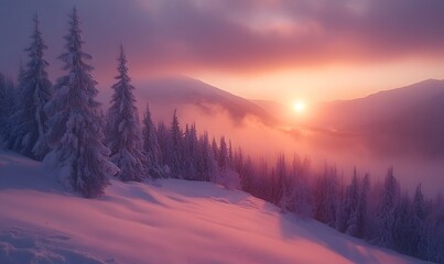 Stunning View of Snow-Laden Fir Trees in the Carpathian Mountains at First Light